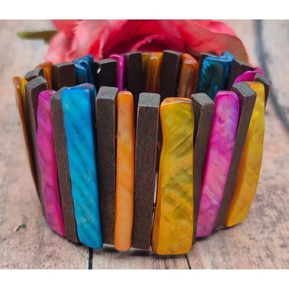 Bohemian Wood Bar & Dyed Abalone Shell Colorful Wide Stretch Bracelet Beach - Picture 2 of 6